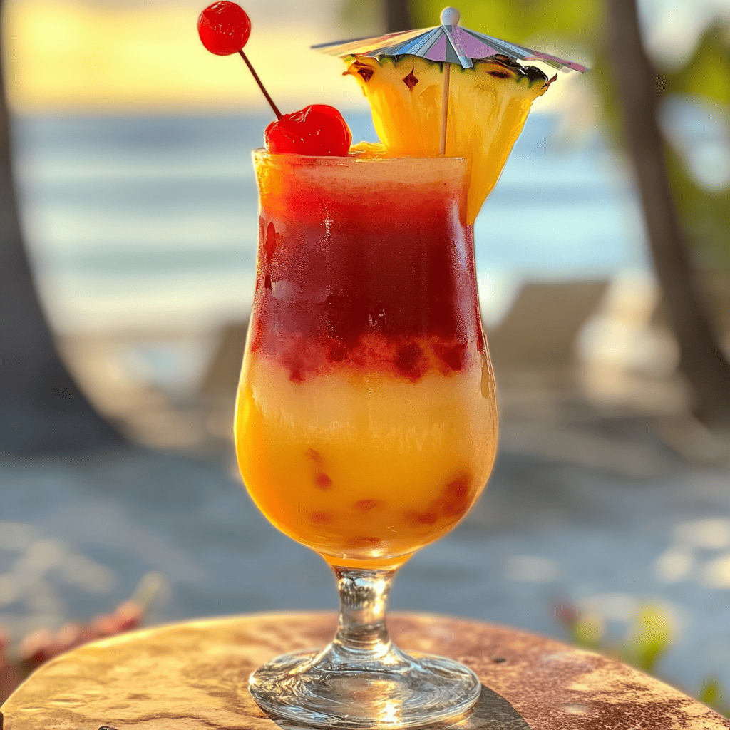 A vibrant Bahama Mama cocktail garnished with pineapple and cherry in a tropical setting