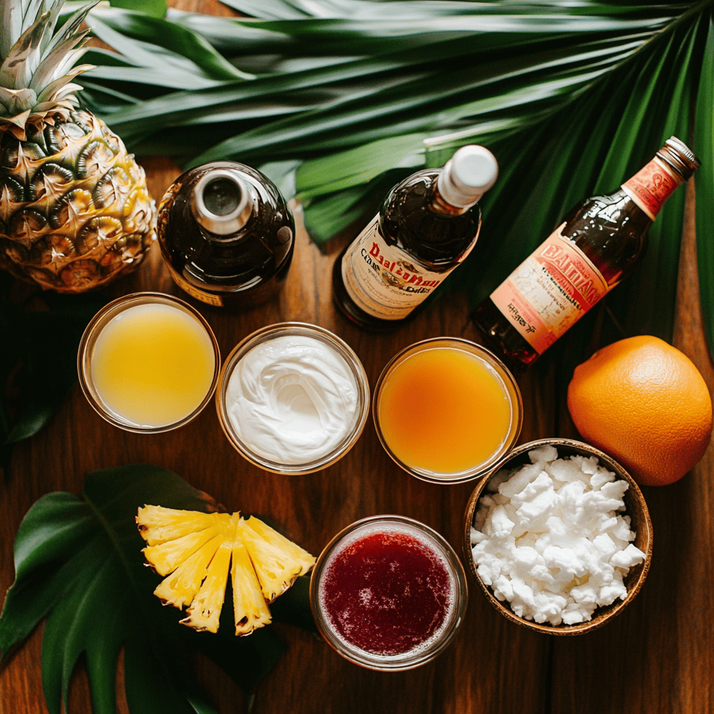 A flat lay of ingredients for a Bahama Mama: rum bottles, pineapple juice, orange juice, grenadine, and coconut cream