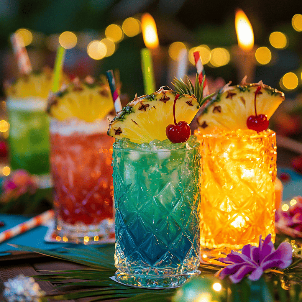 A tropical-themed party table with Bahama Mama cocktails, garnishes, and colorful decorations