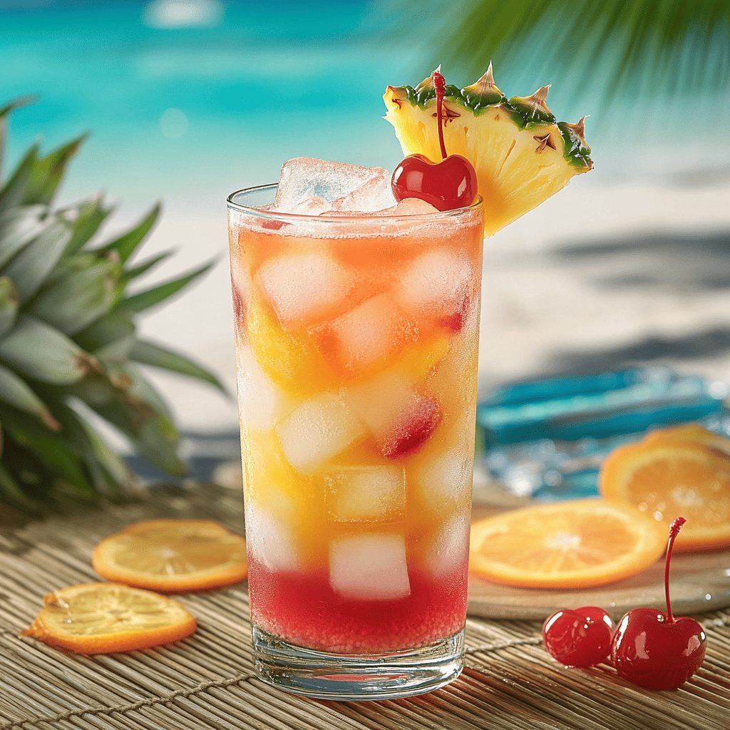 A vibrant Bahama Mama cocktail in a tall glass with pineapple, orange slice, and cherry garnish