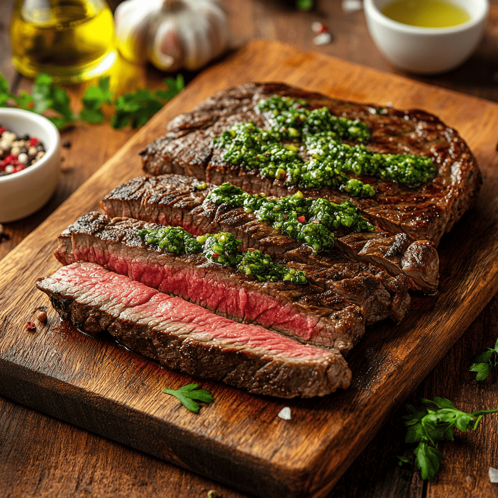 A perfectly cooked bavette steak sliced thinly, displayed on a wooden board with fresh herbs and chimichurri sauce