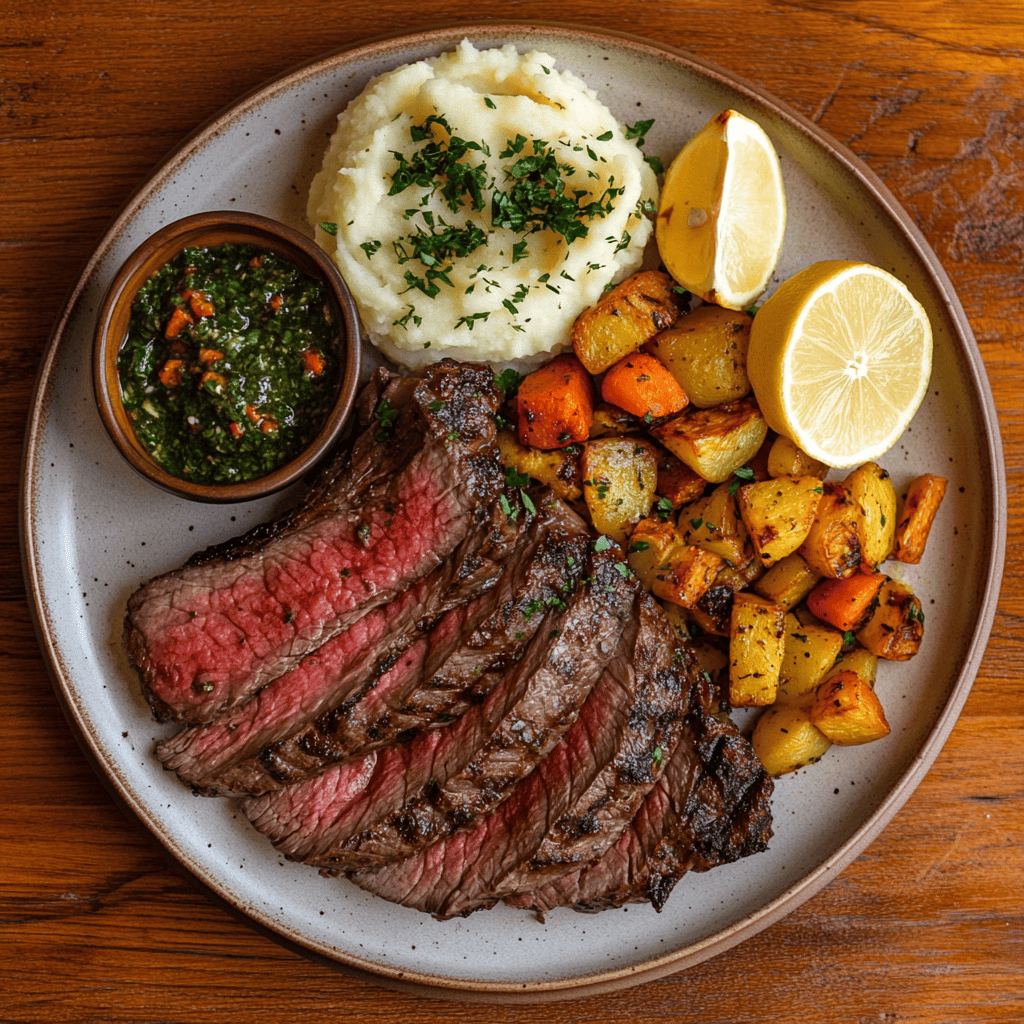 Sliced bavette steak served with roasted vegetables and mashed potatoes, drizzled with chimichurri sauce