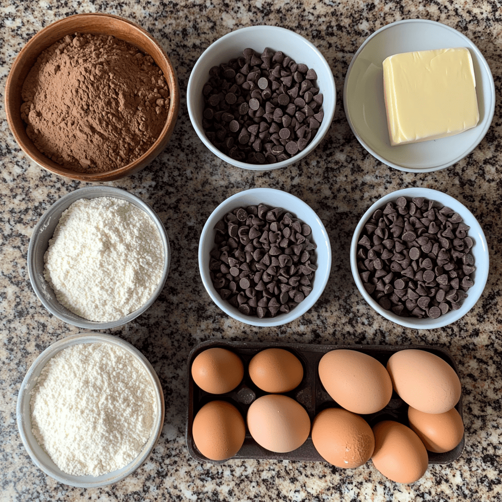 Ingredients for making brookies, including flour, cocoa powder, butter, sugar, and chocolate chips