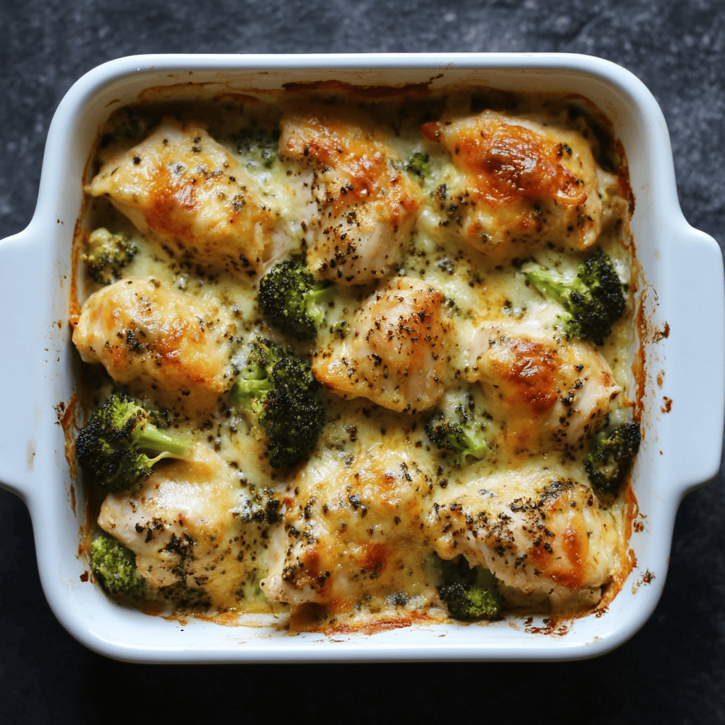 A bubbling chicken and broccoli casserole topped with melted cheese