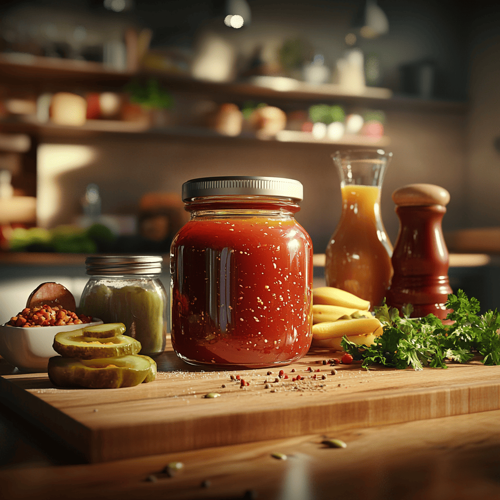 A jar of homemade burger sauce surrounded by its ingredients, including mayonnaise, ketchup, mustard, and pickle relish