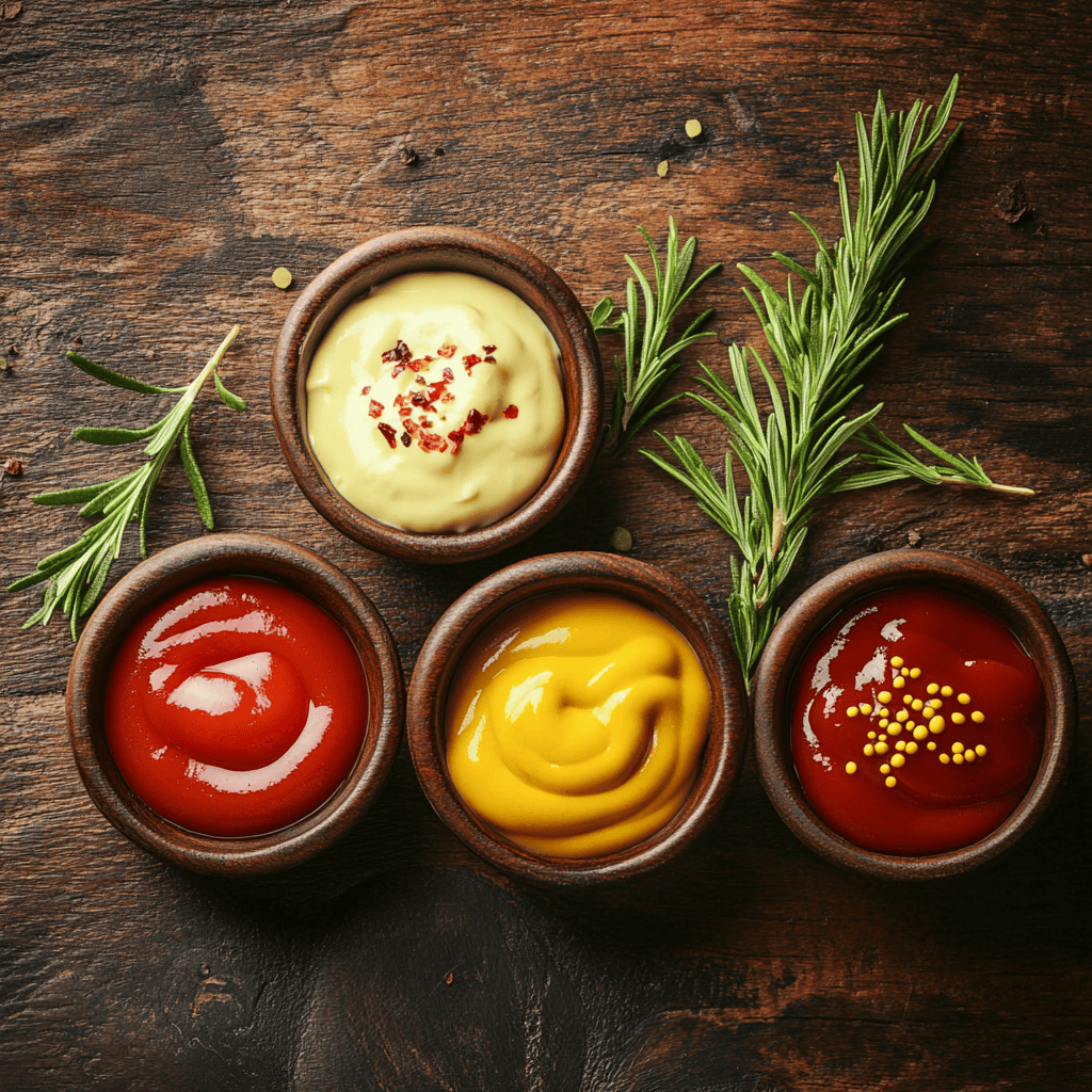 A variety of classic burger sauces in small bowls, including ketchup, mustard, and mayonnaise, placed on a wooden table