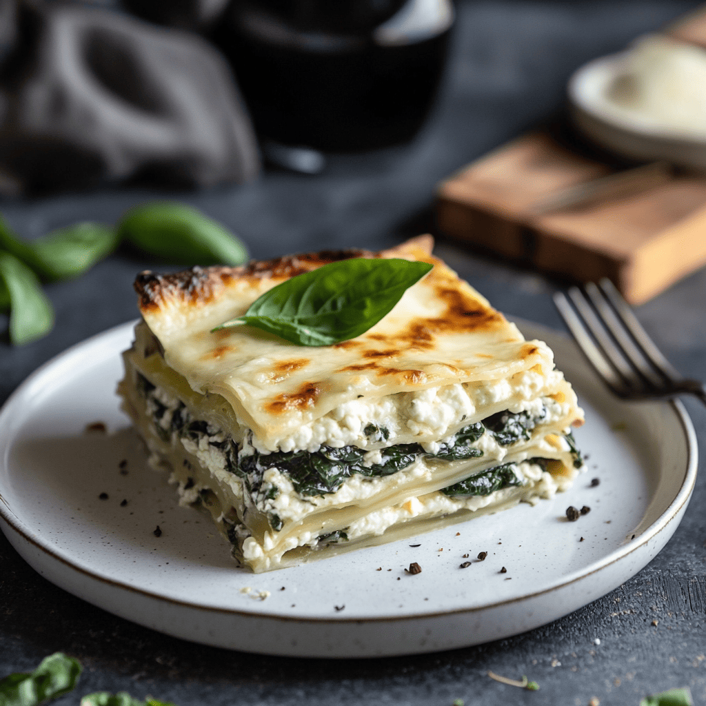 A hearty slice of lasagna with layers of marinara, cottage cheese, spinach, and melted mozzarella