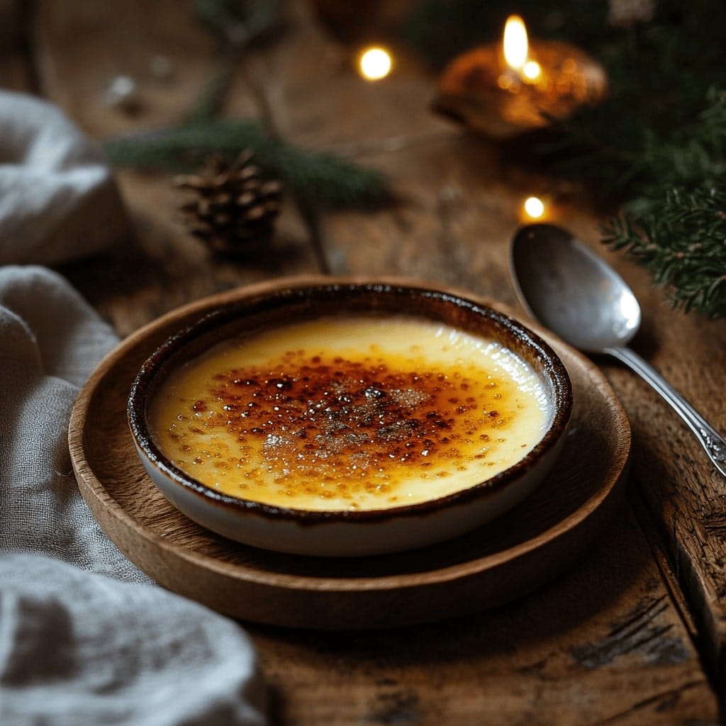 Close-up of classic crème brûlée with a caramelized sugar topping