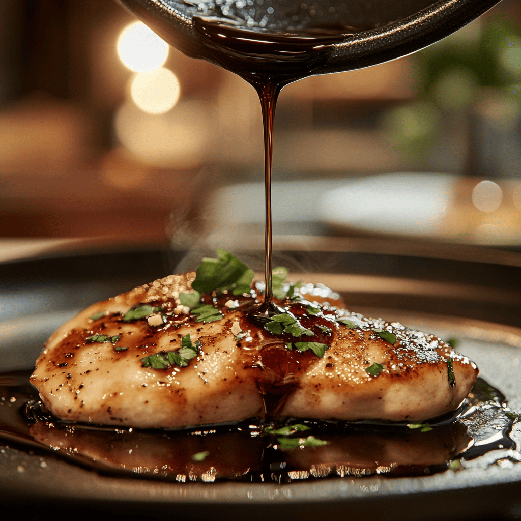 Balsamic glaze being drizzled over a chicken breast with a spoon