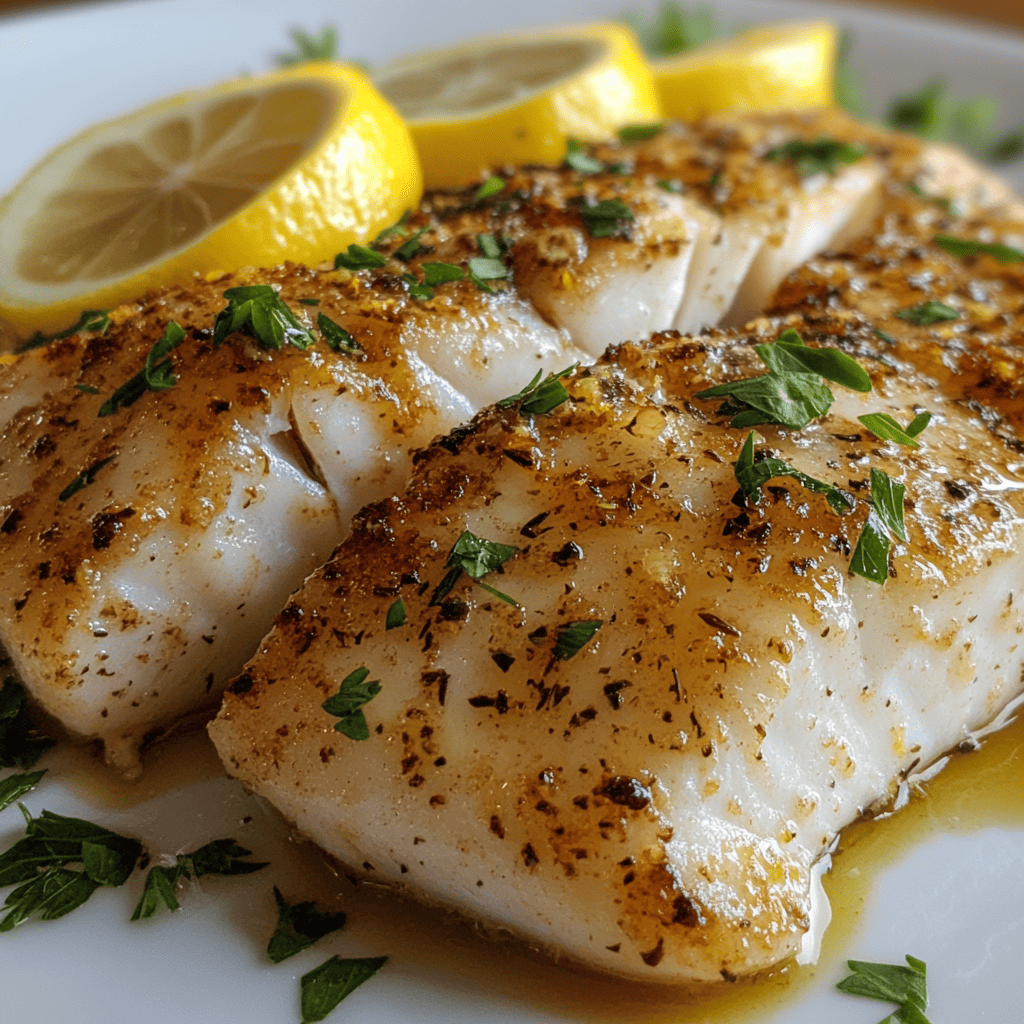 Cooked rockfish fillet served with lemon slices and fresh parsley