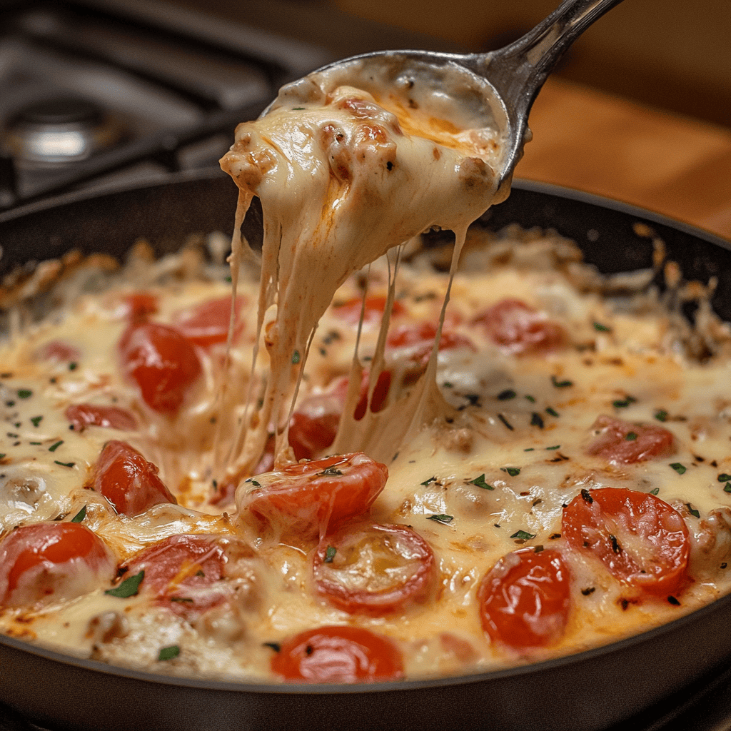 Melted cheese and Rotel tomatoes being stirred in a skillet