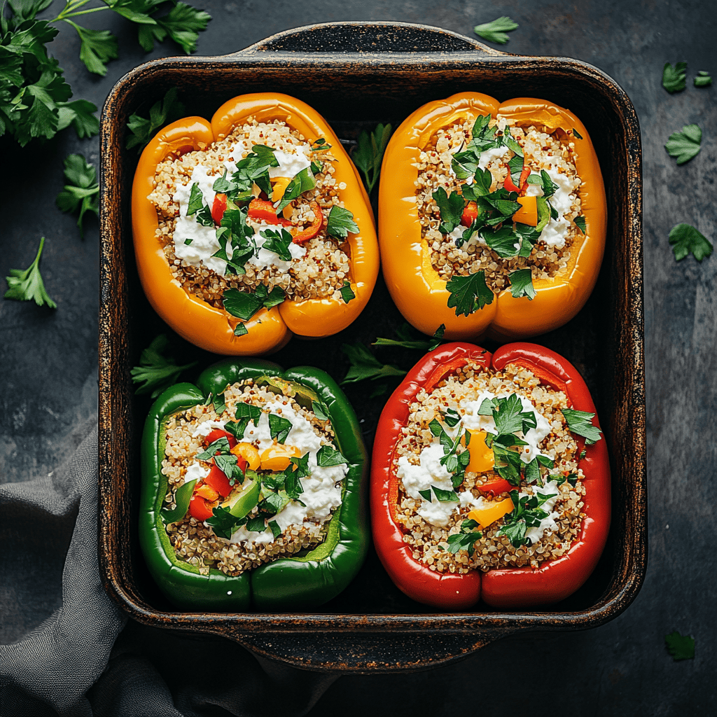 Vibrant bell peppers stuffed with cottage cheese, quinoa, and herbs, baked to perfection