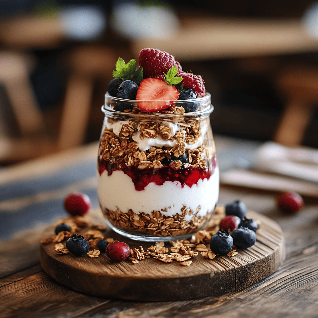 A layered parfait with cottage cheese, granola, and fresh mixed berries in a glass jar