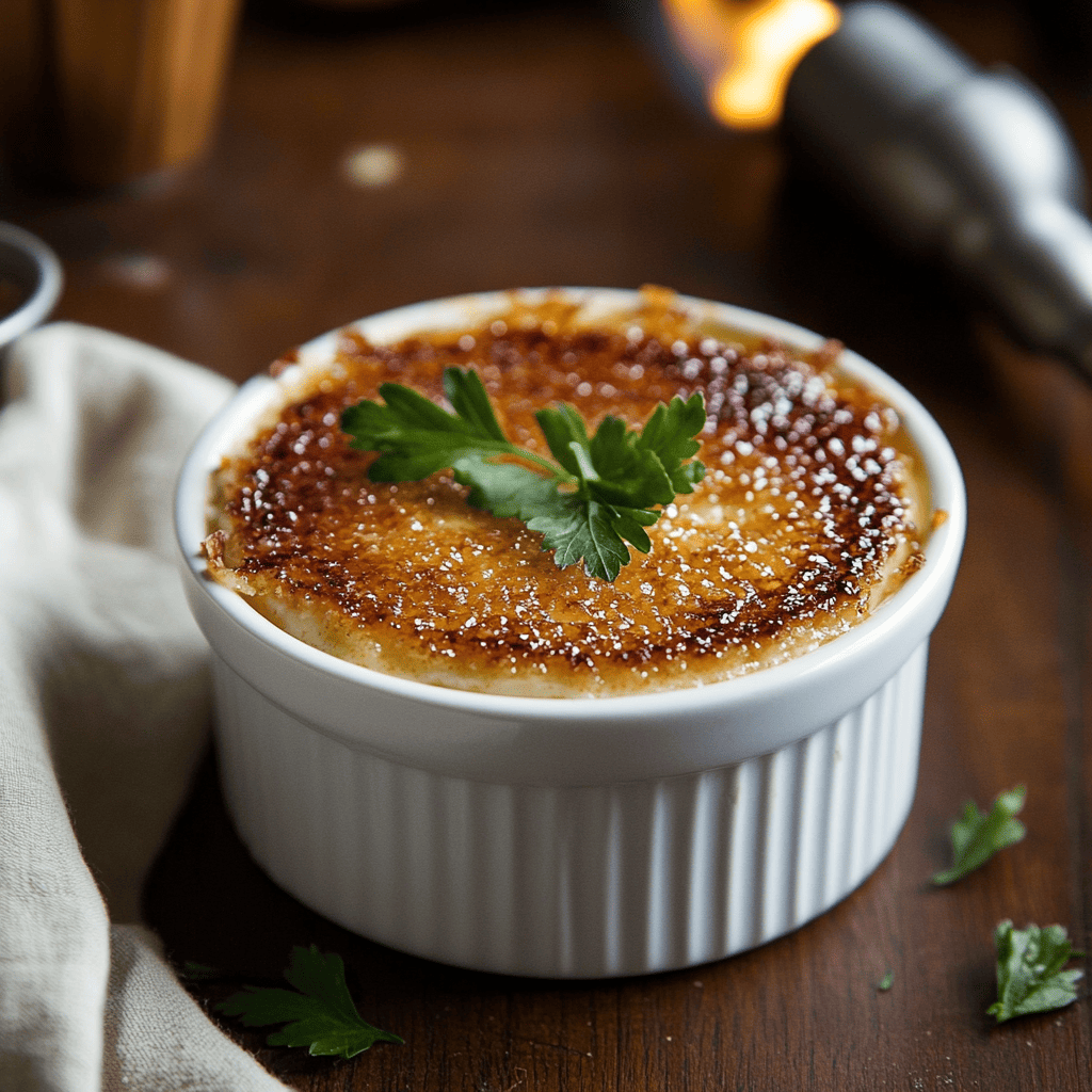 A crab brûlée in a ramekin with a golden caramelized top, garnished with fresh herbs