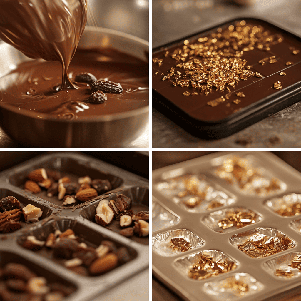 A step-by-step process of making Dubai chocolate bars, from melting chocolate to adding toppings