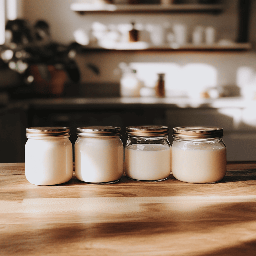 Heavy cream, light cream, half and half, and whole milk displayed in small glass jars