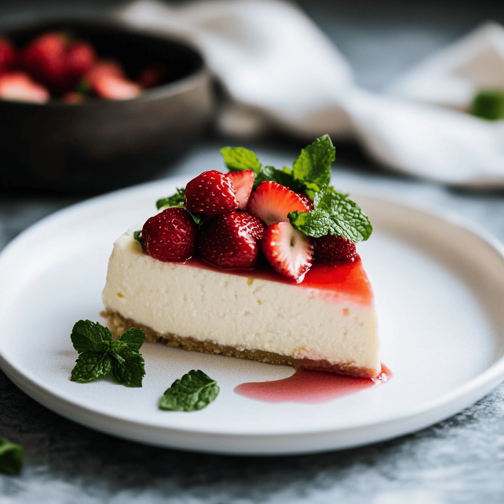 A slice of cottage cheese cheesecake topped with fresh strawberries and a sprig of mint