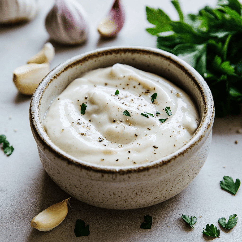 A creamy white garlic aioli with fresh garlic and herbs