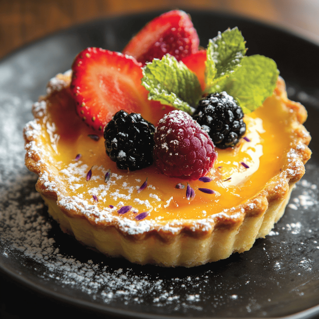 A lavender crème brûlée with dried lavender flowers and a custard tart topped with fresh fruit