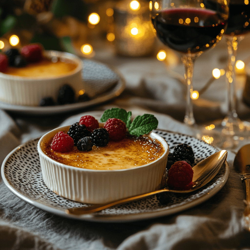 A beautifully plated Crème Brûlée in a white ramekin with a caramelized sugar topping. The dessert is styled with fresh raspberries and a sprig of mint, placed on a dark slate plate for contrast. A dessert spoon and a glass of dessert wine in the background complete the refined presentation