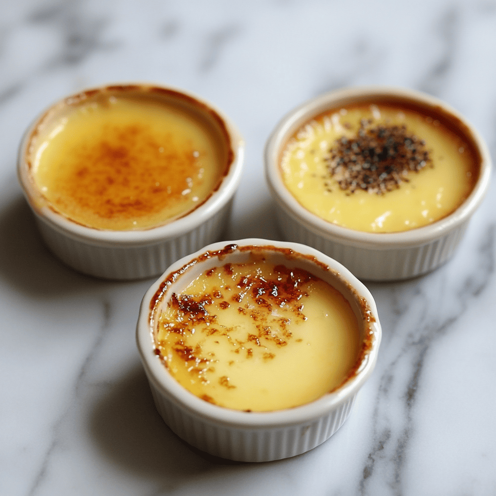 Three ramekins of crème brûlée showing different textures based on cream choices