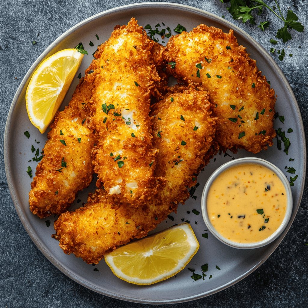 Crispy fried rockfish fillets served with dipping sauce