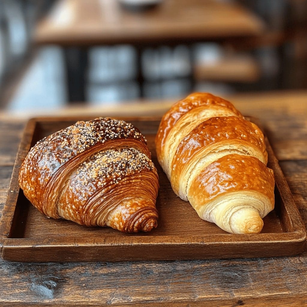 A flaky croissant and a denser gipfeli placed side by side on a wooden tray