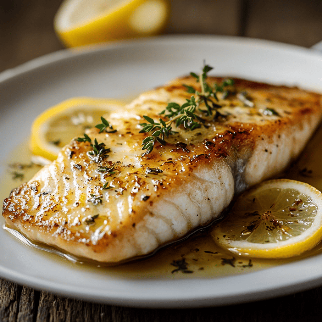 A perfectly cooked rockfish fillet garnished with lemon slices, fresh herbs, and served on a white plate