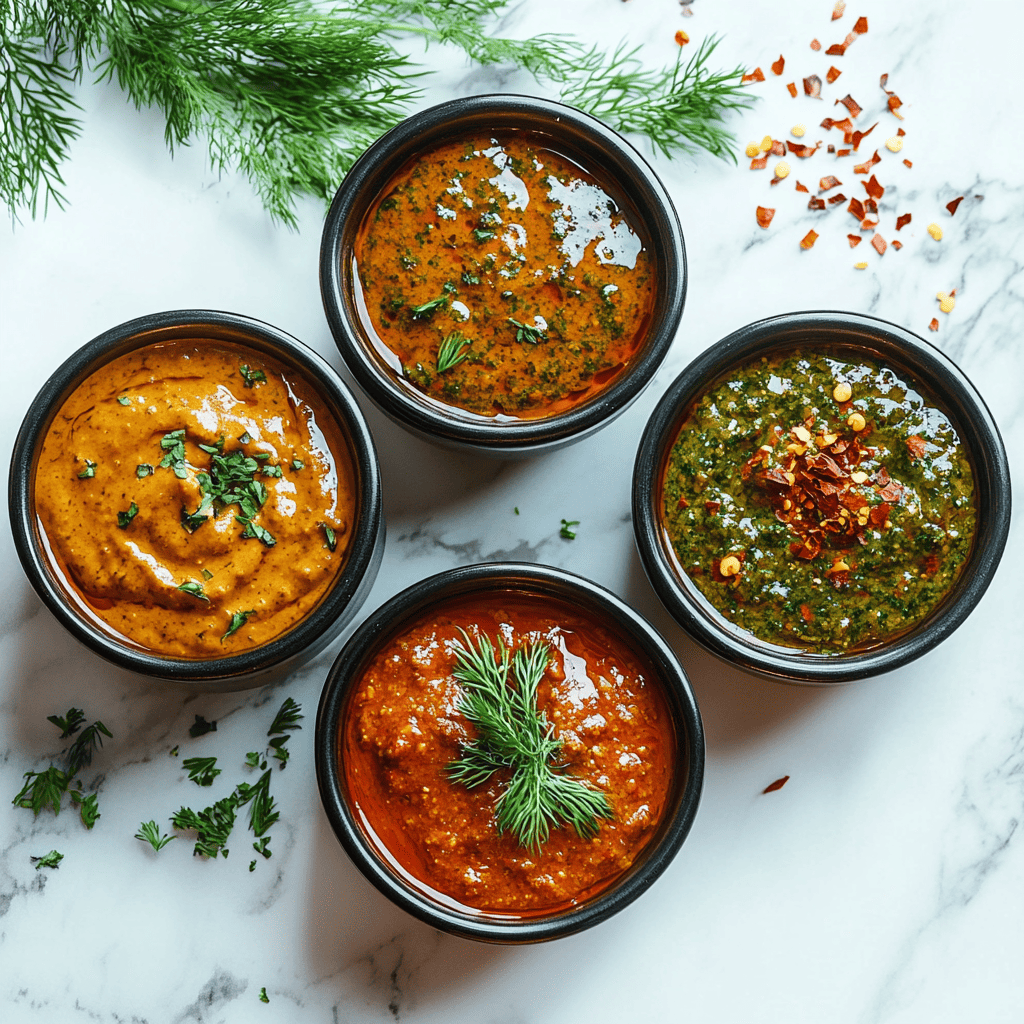 Three bowls of burger sauce variations: spicy, smoky, and vegan