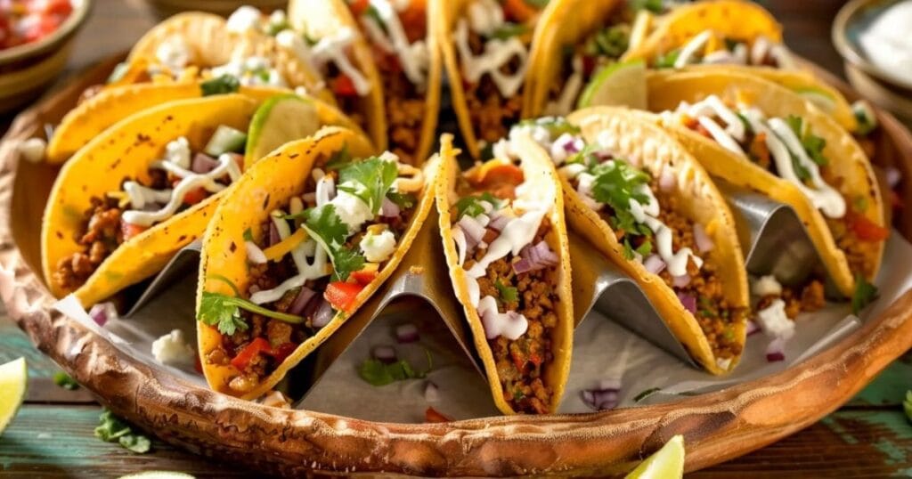 A happy group of friends sharing a platter of mini tacos with drinks