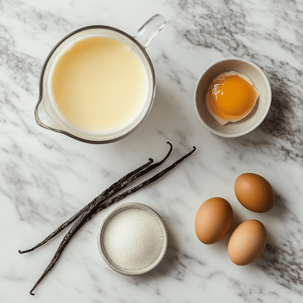 An artistic flat lay of Crème Brûlée ingredients: a glass bowl of heavy cream, vibrant golden egg yolks in a white dish, a pile of granulated sugar, and a vanilla bean placed neatly on a marble background. These fresh and simple components set the stage for creating this timeless dessert