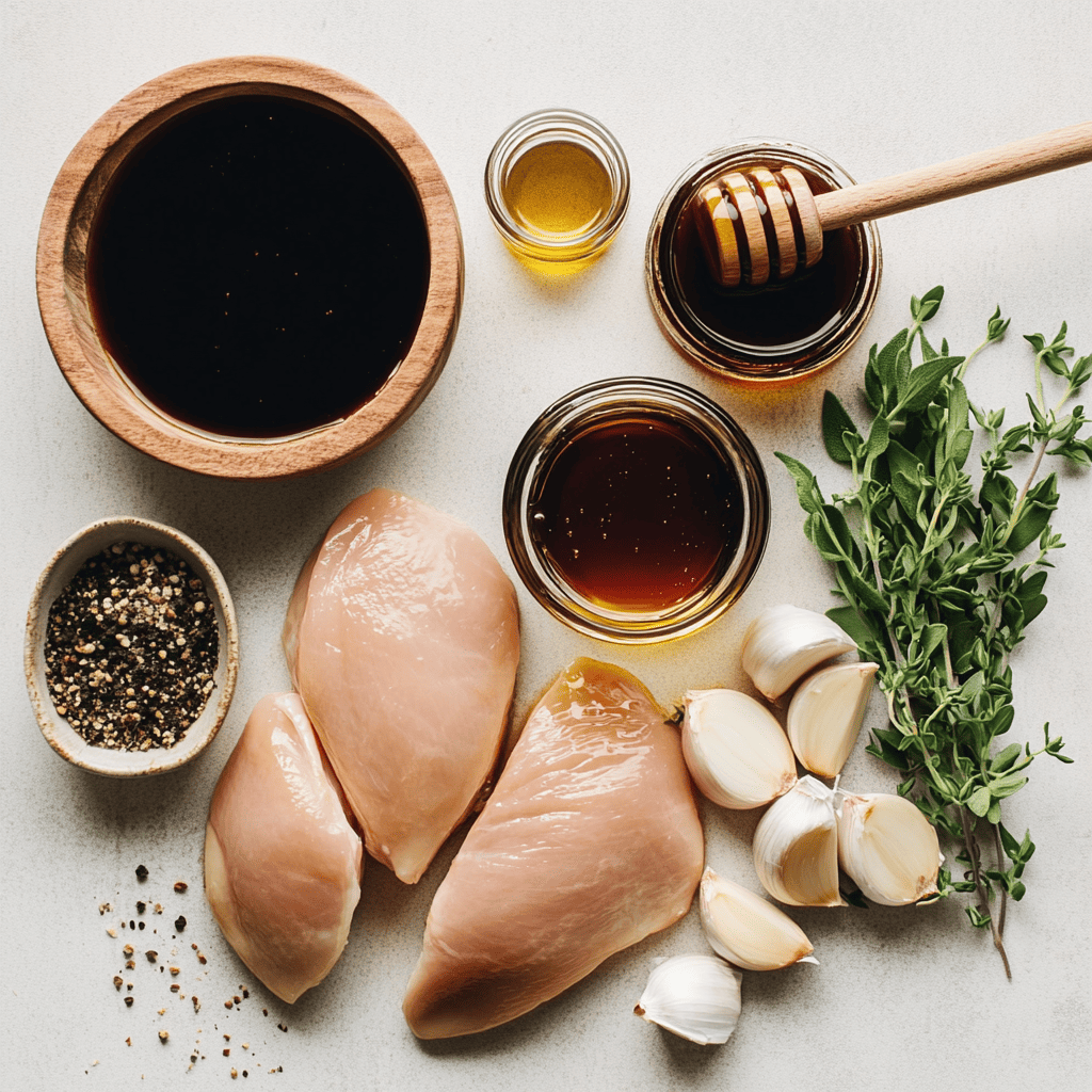 Ingredients for balsamic chicken, including balsamic vinegar, olive oil, garlic, and raw chicken breasts