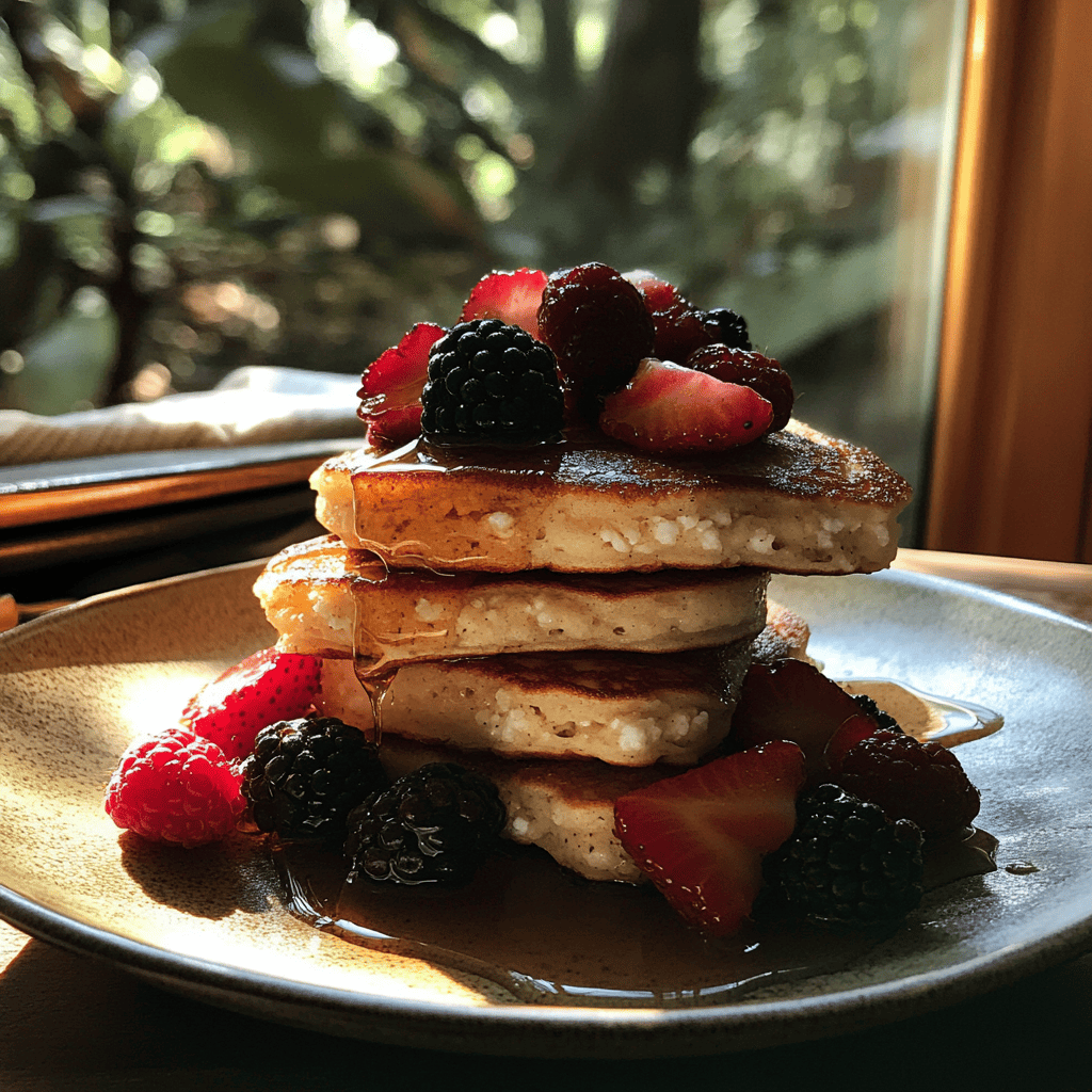 A stack of golden-brown cottage cheese pancakes topped with fresh berries and a drizzle of honey