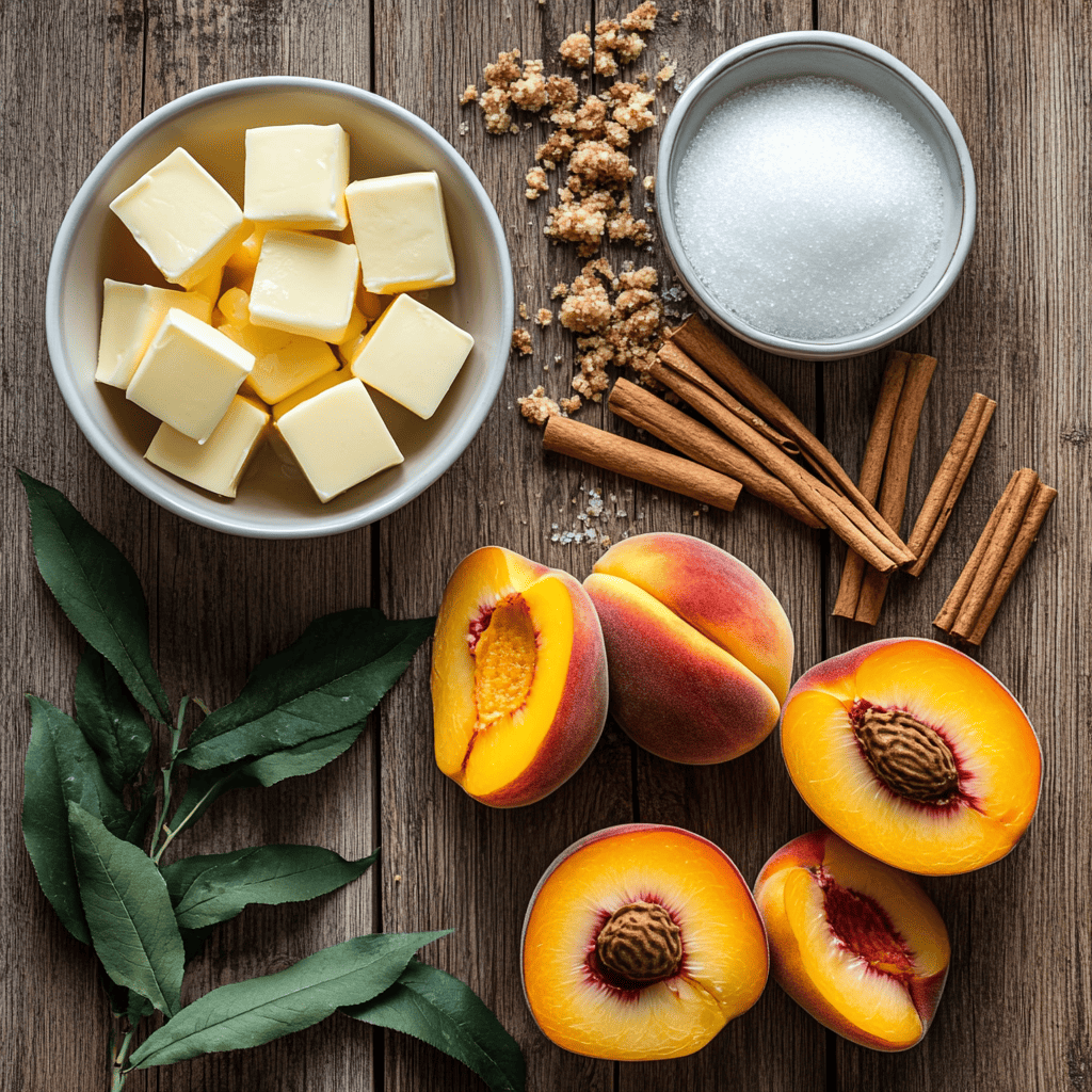 A flat lay of fresh peaches, sugar, butter, flour, and cinnamon on a wooden table