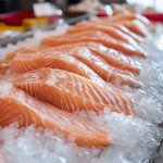 Fresh rockfish fillets displayed on ice at a seafood market