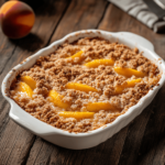 A close-up of a freshly baked peach crumble in a white dish, with golden-brown topping and juicy peaches bubbling around the edges