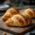 Golden brown Gipfeli pastries arranged on a wooden board