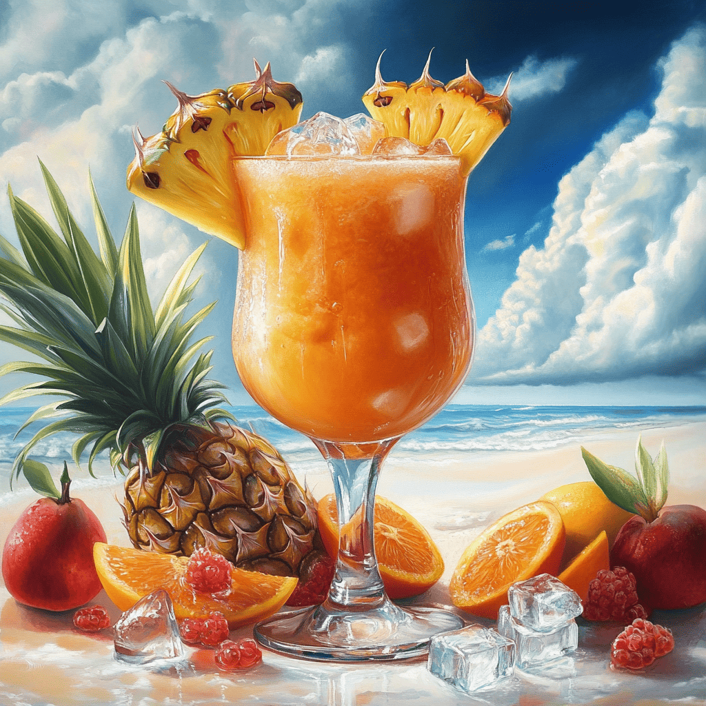 A frozen Bahama Mama cocktail in a frosty glass surrounded by ice cubes and tropical fruits.