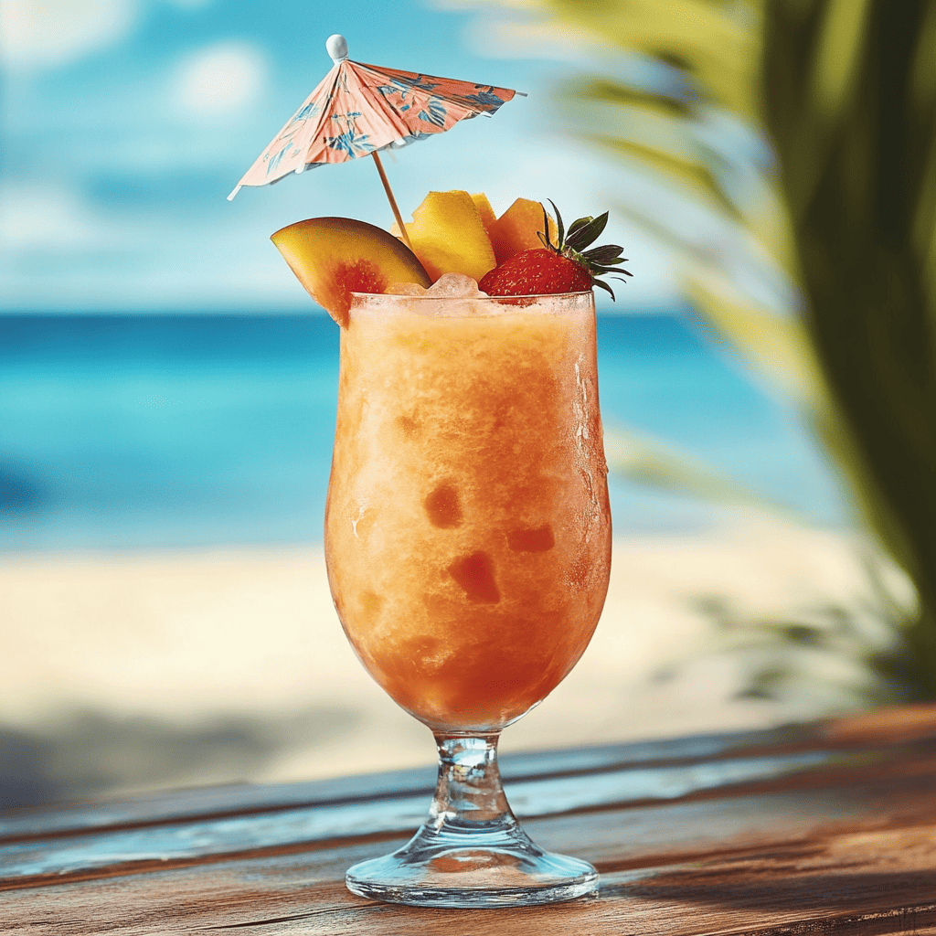 A frozen Bahama Mama cocktail served in a frosty glass with a tropical umbrella and fruit garnishes