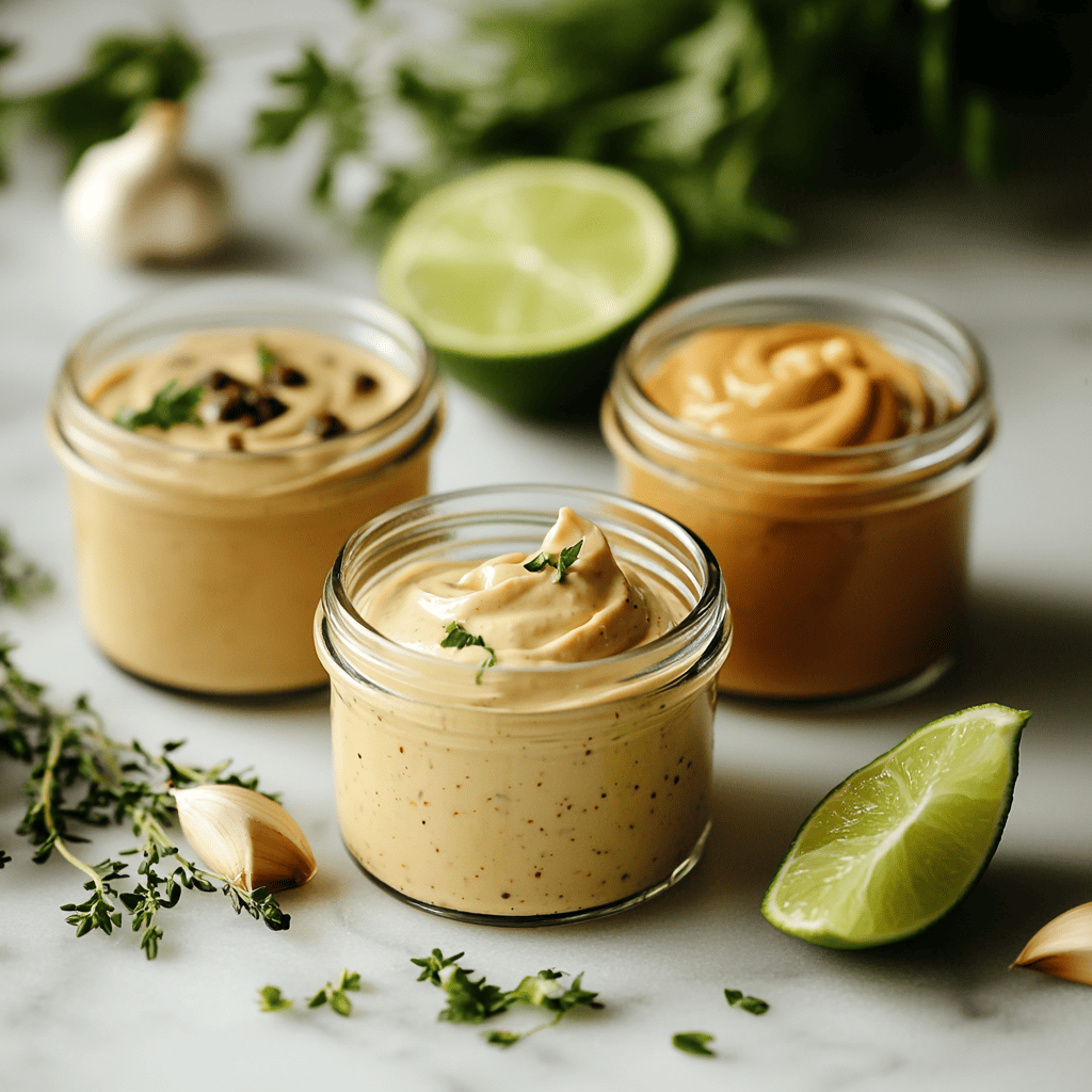 Chipotle mayo, truffle sauce, and aioli served in glass jars with fresh herbs and garlic cloves on the side