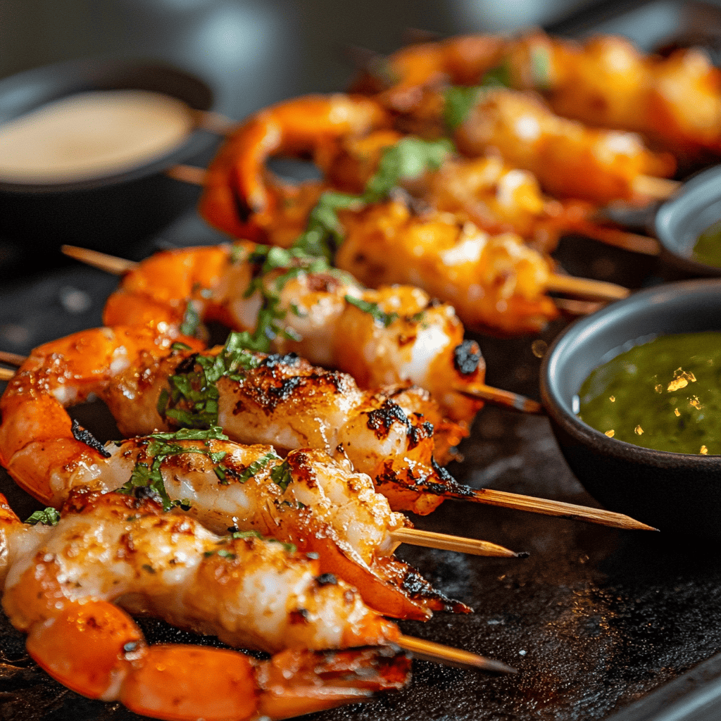 Grilled langostino skewers with a charred finish served on a platter with dipping sauce