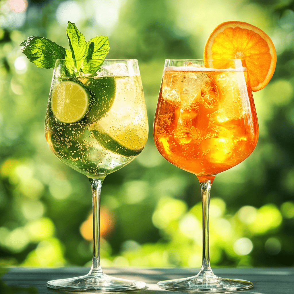 Side-by-side comparison of a Hugo Spritz and Aperol Spritz in wine glasses