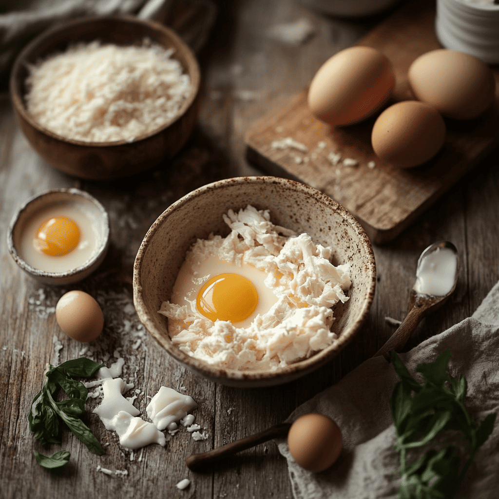 Fresh crab meat, cream, eggs, cheese, and herbs displayed on a marble surface