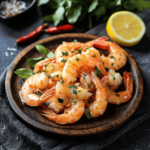 A close-up of freshly cooked seafood served with lemon slices and herbs on a wooden plate