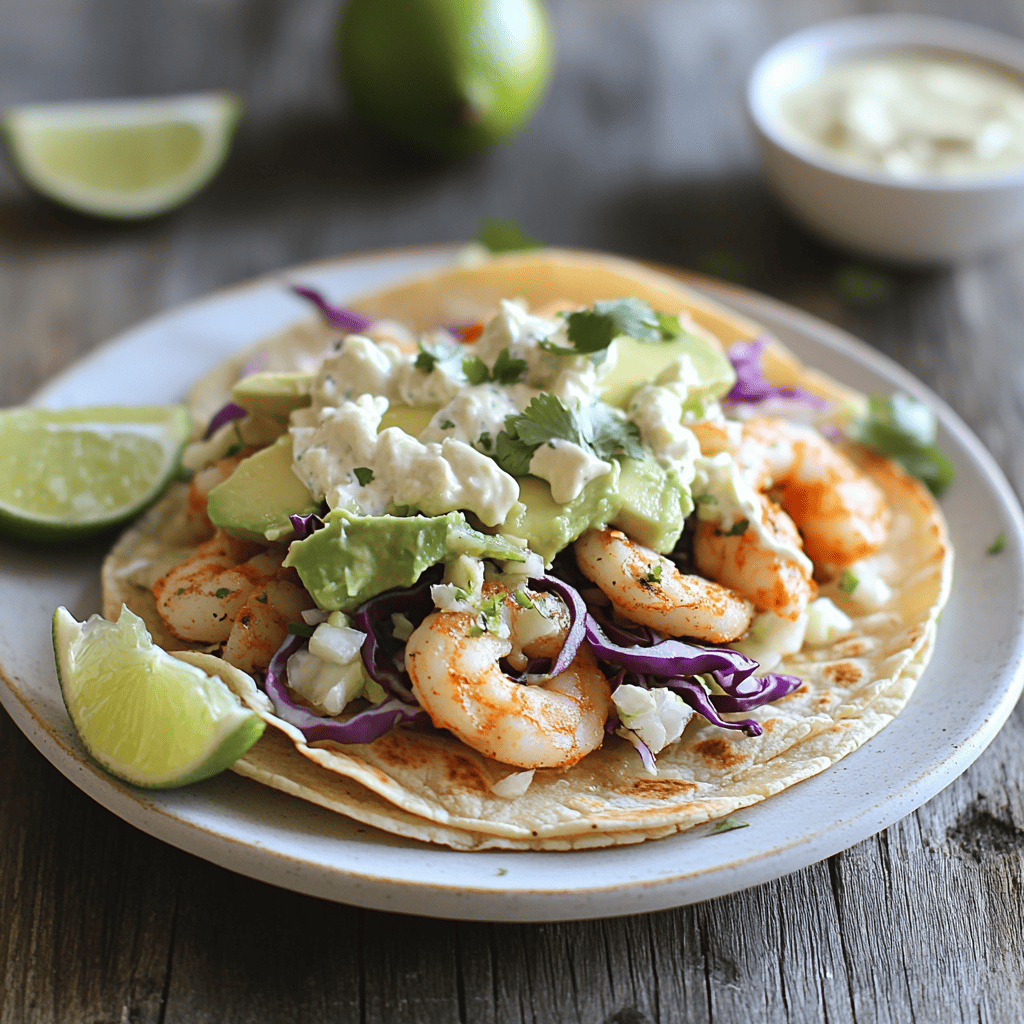 Langostino tacos in warm corn tortillas with shredded cabbage, lime crema, and avocado slices