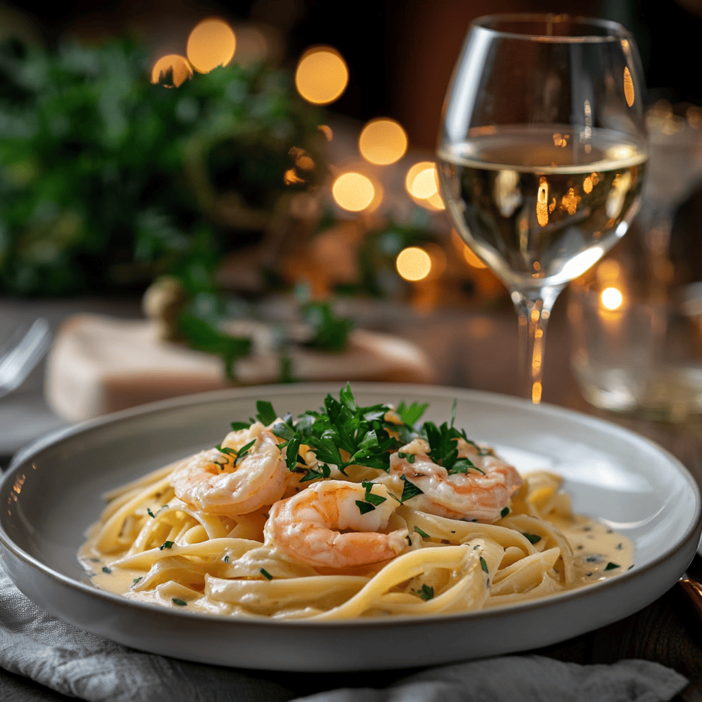 A gourmet dinner plate featuring creamy langostino pasta with herbs and a glass of white wine