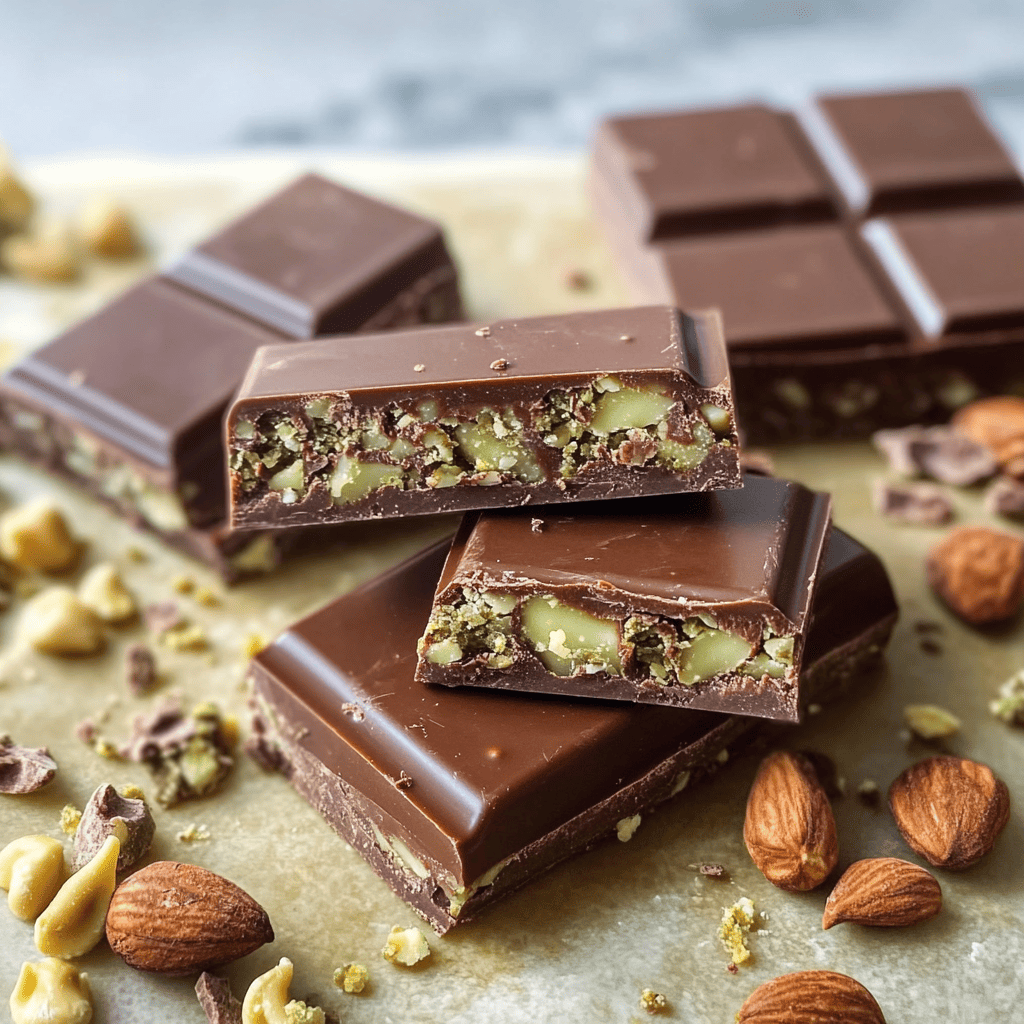 A close-up of luxurious Dubai chocolate bars topped with gold flakes, nuts, and dates