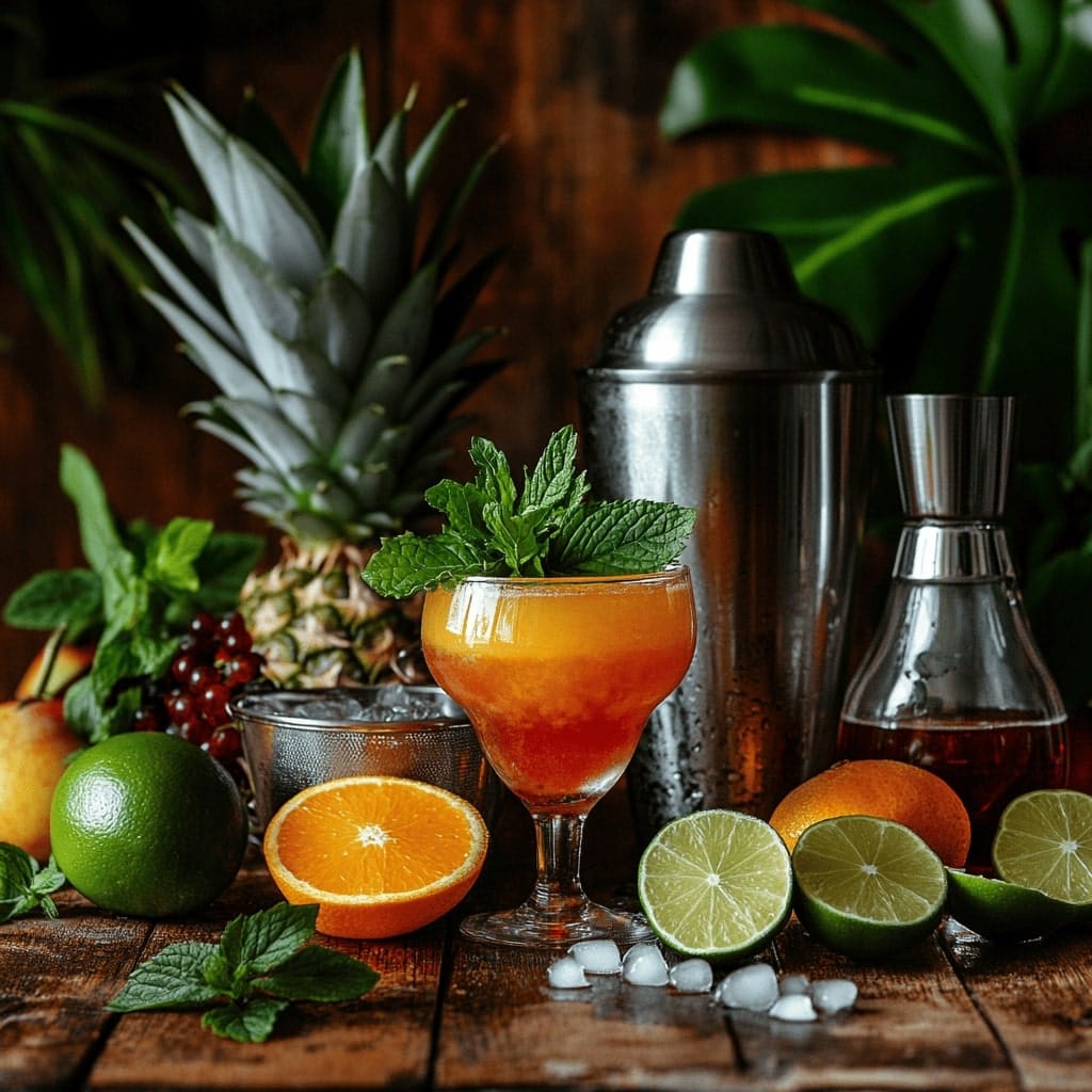 Ingredients for making Mai Tai and Bahama Mama cocktails, displayed on a rustic table