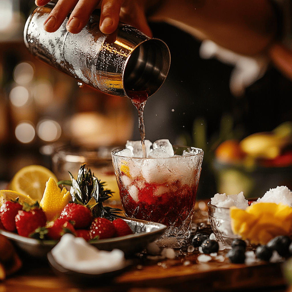 A bartender pouring rum into a cocktail shaker with other ingredients prepared on the counter