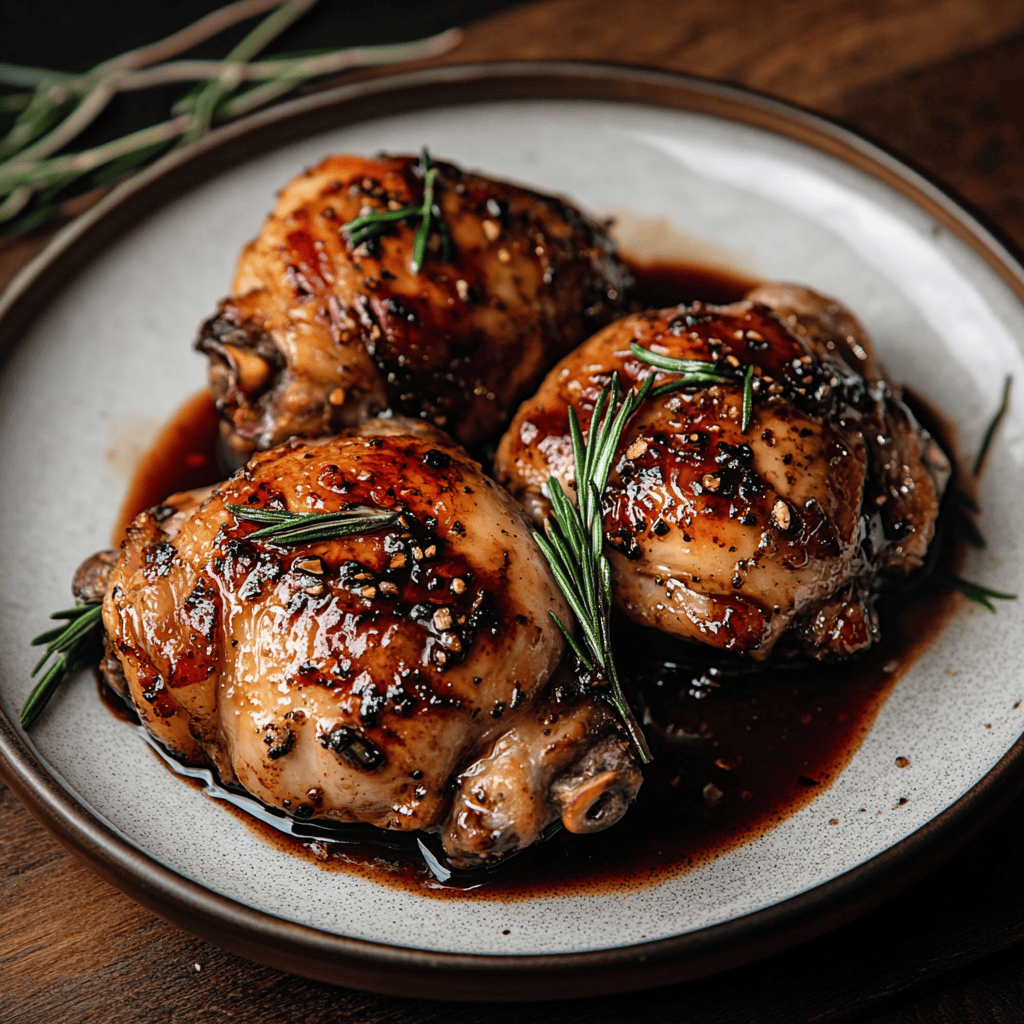 Chicken thighs with a shiny balsamic vinegar glaze on a platter